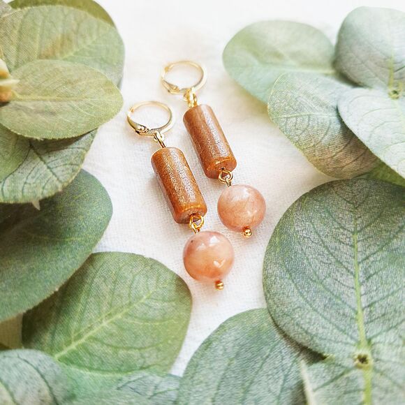 Sunstone Onyx Drop Earrings, Earthy Gold Earrings, Elegant Cottagecore Earrings - Picture 5 of 9